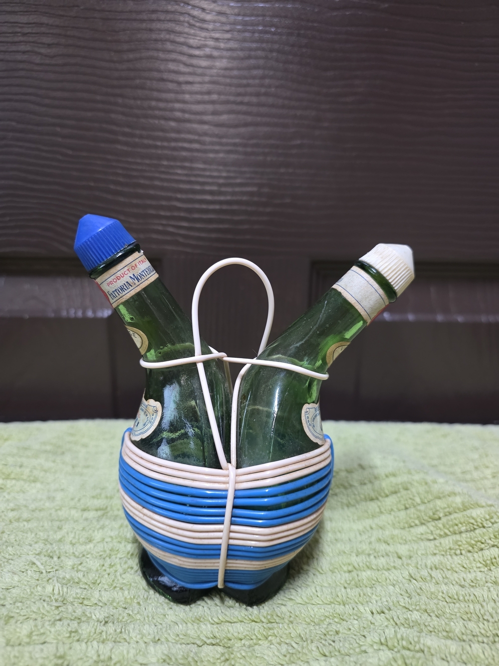Vintage Chianti Italy Green Wine Glass Bottle Set with Blue Accents